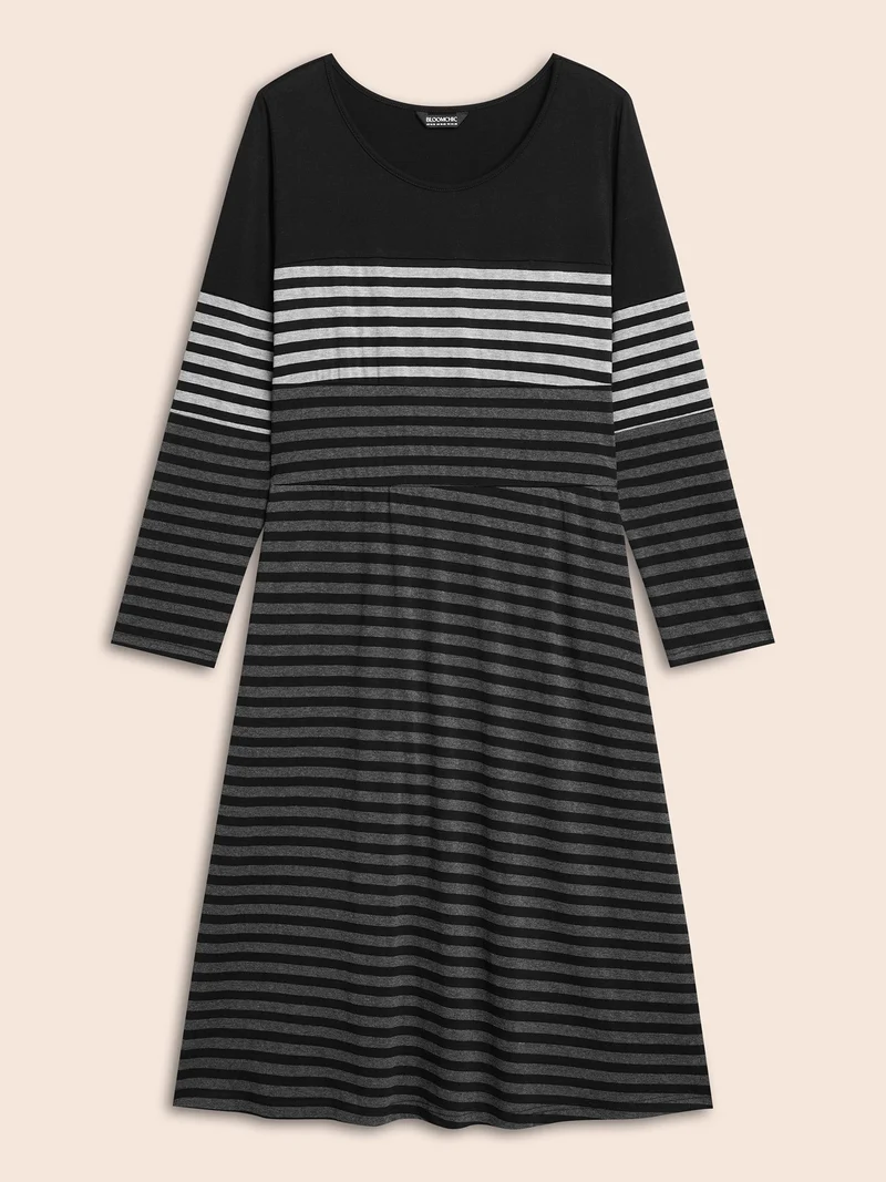 Striped Contrast Elastic Waist Midi Dress