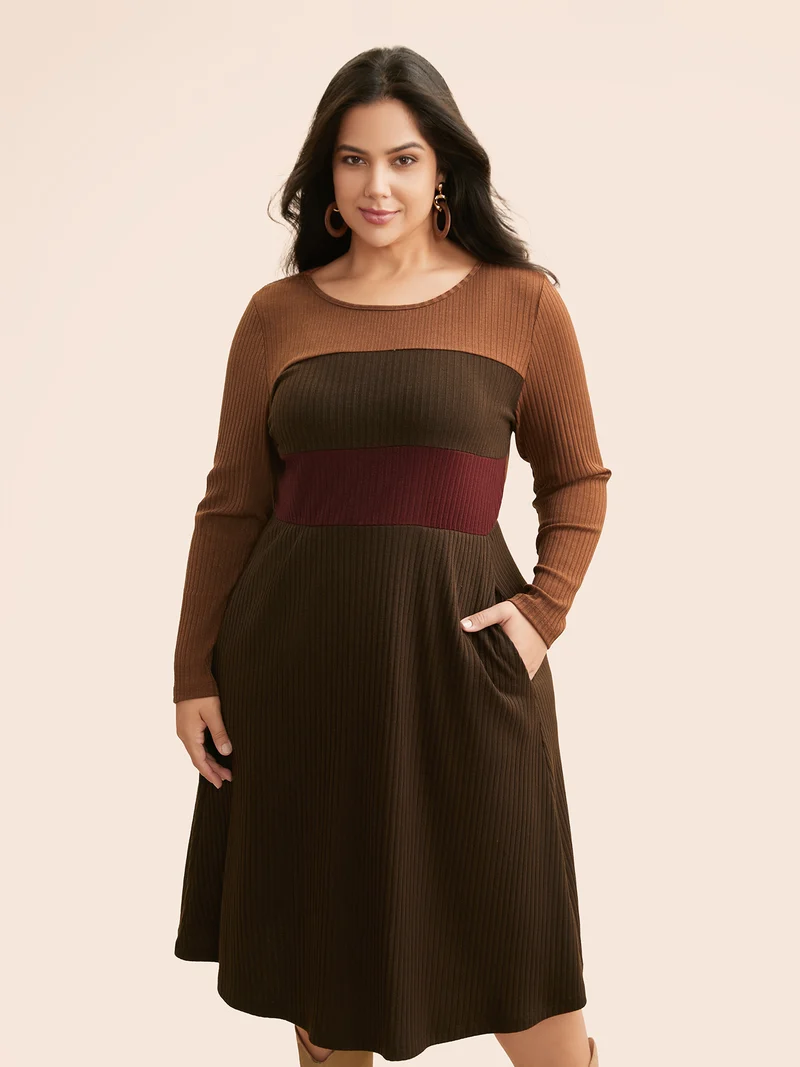Colorblock Contrast Textured Pocket Dress