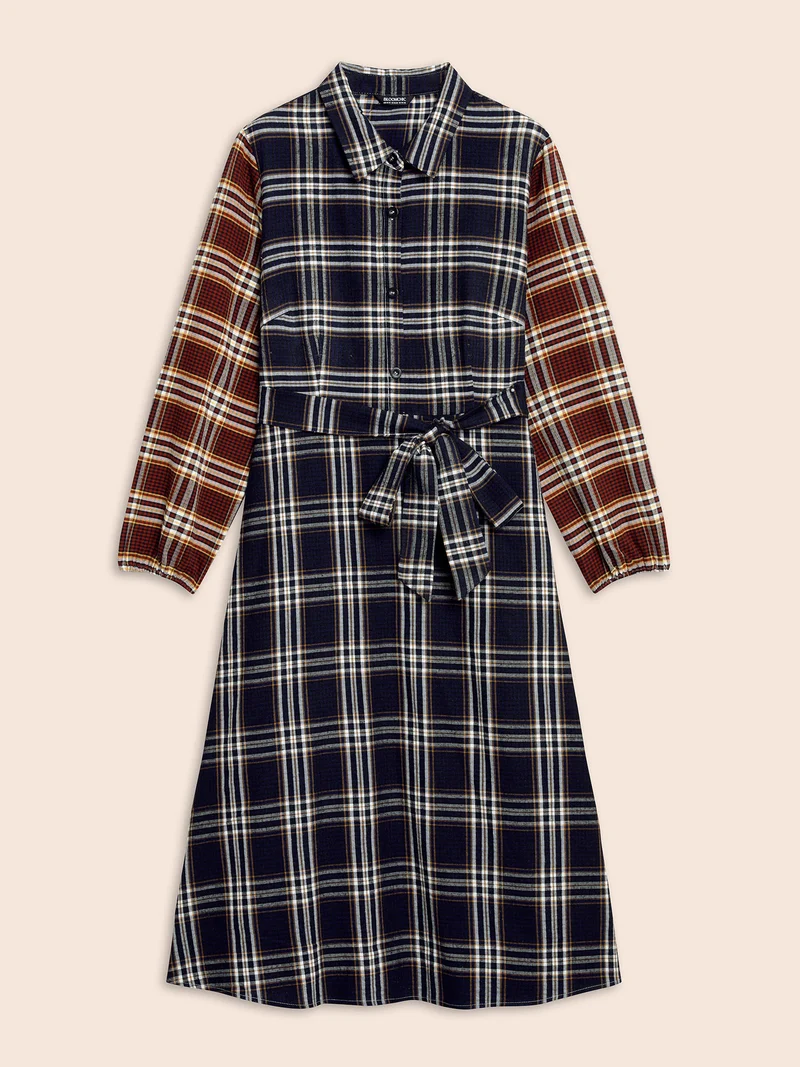 Shirt Collar Plaid Contrast Belted Dress