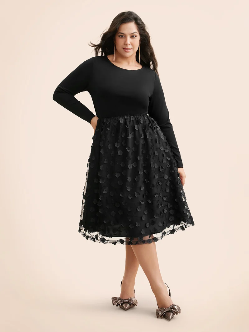 Round Neck Textured Mesh Patchwork Dress