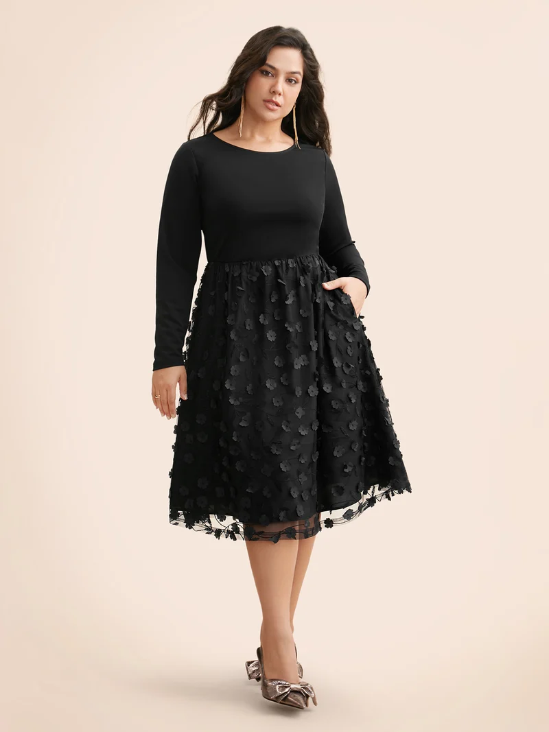 Round Neck Textured Mesh Patchwork Dress
