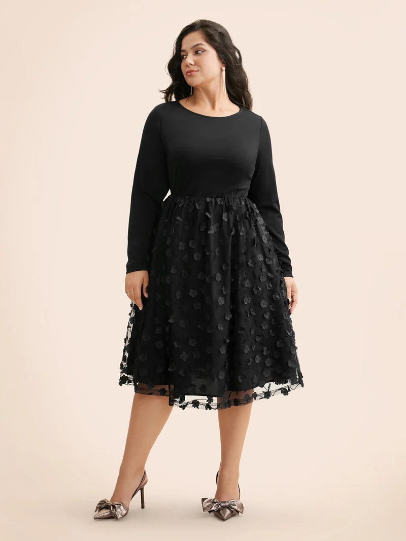 Round Neck Textured Mesh Patchwork Dress