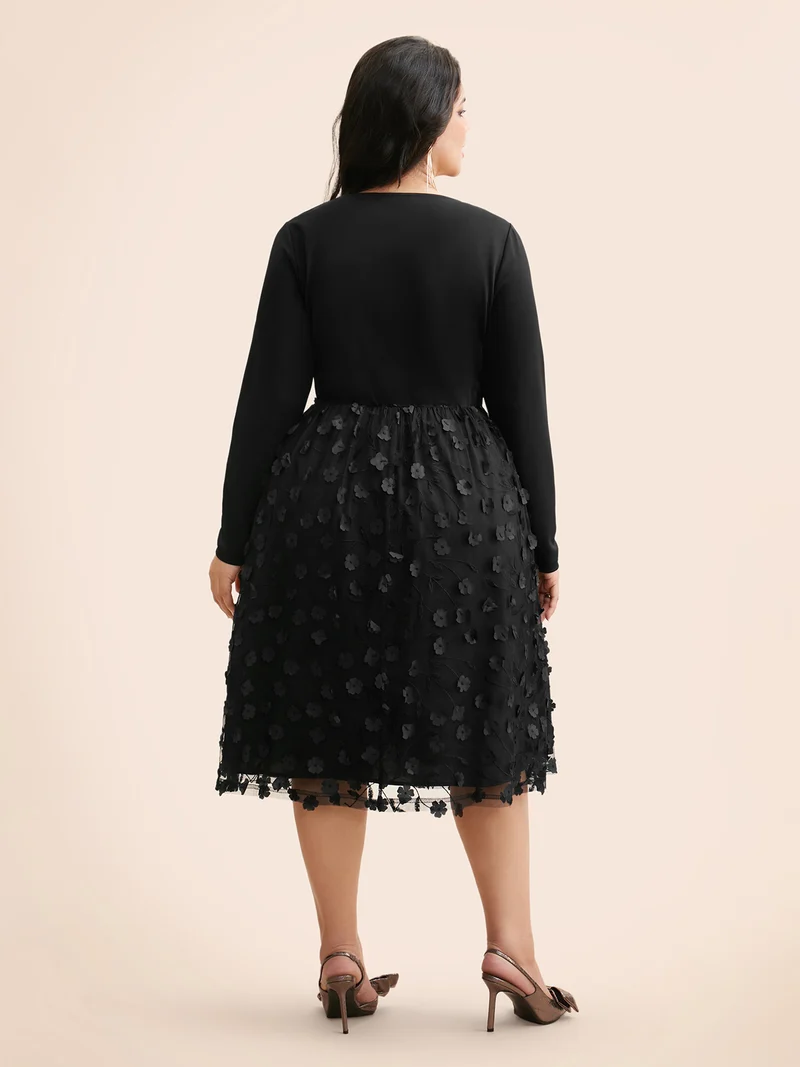Round Neck Textured Mesh Patchwork Dress