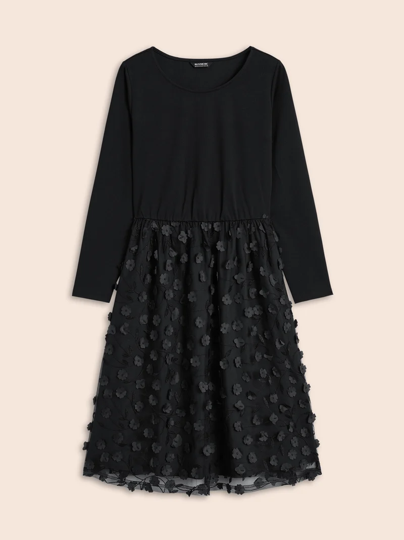 Round Neck Textured Mesh Patchwork Dress
