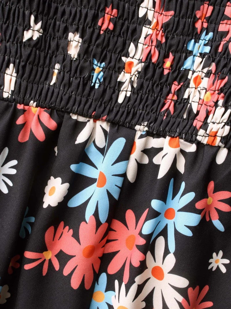 Floral Square Neck Lantern Sleeve Dress