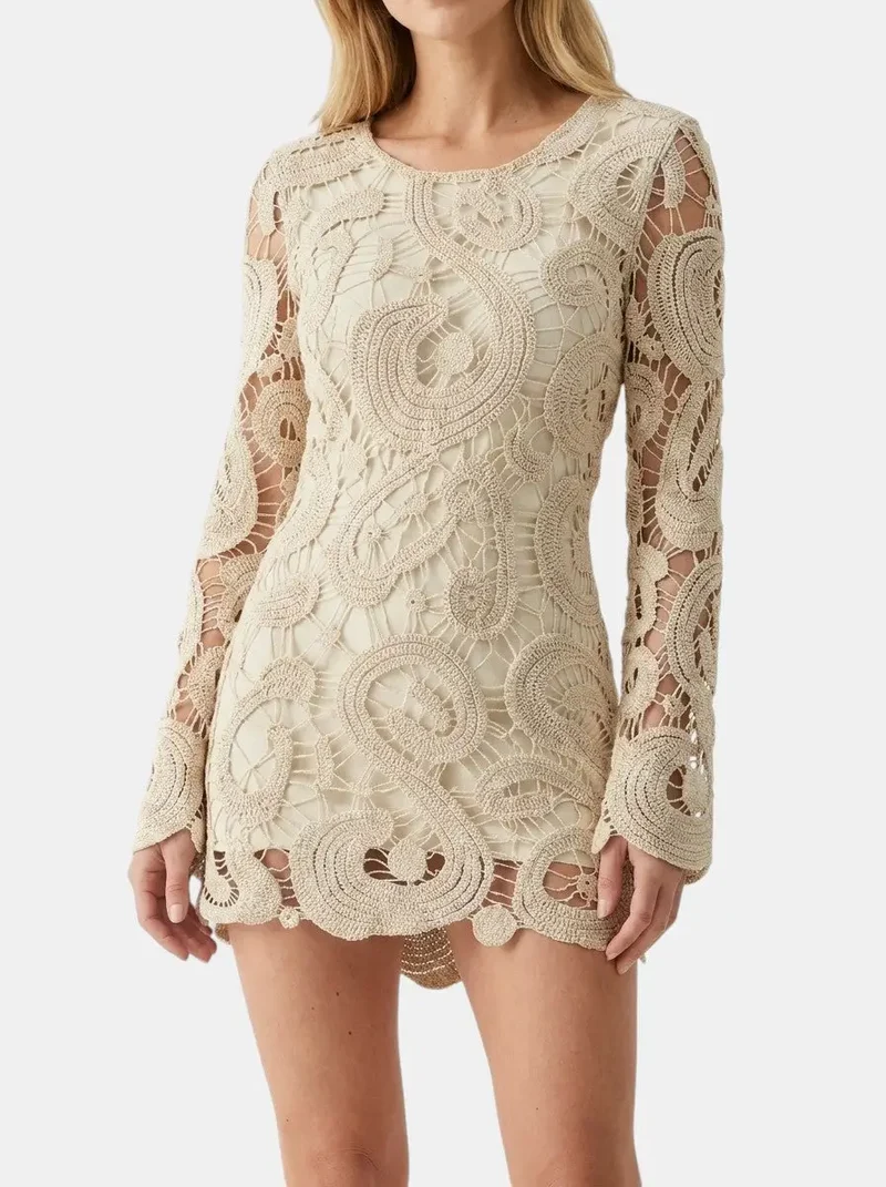 Women's Comfortable Crochet Mini Dress | Elegant Long Sleeve Casual Wear for Spring & Autumn