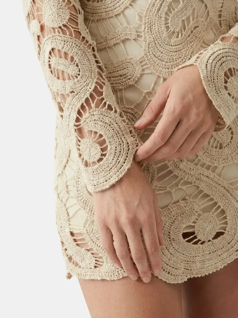 Women's Comfortable Crochet Mini Dress | Elegant Long Sleeve Casual Wear for Spring & Autumn