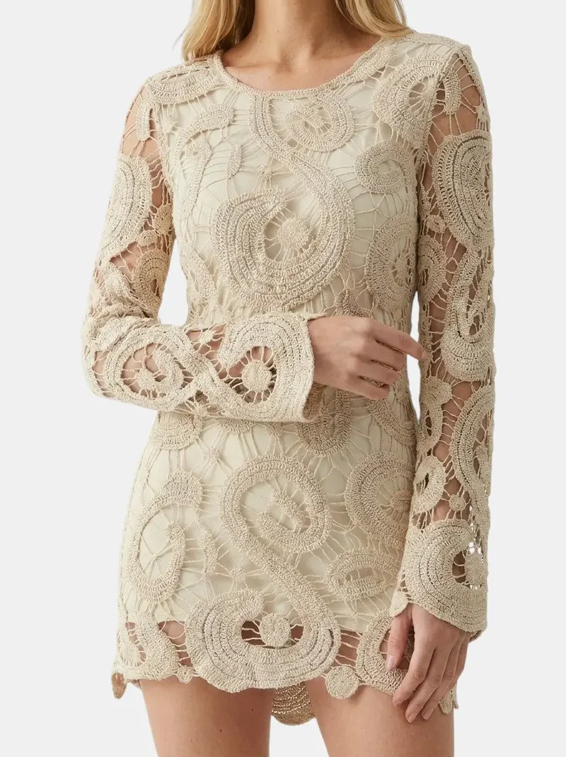 Women's Comfortable Crochet Mini Dress | Elegant Long Sleeve Casual Wear for Spring & Autumn