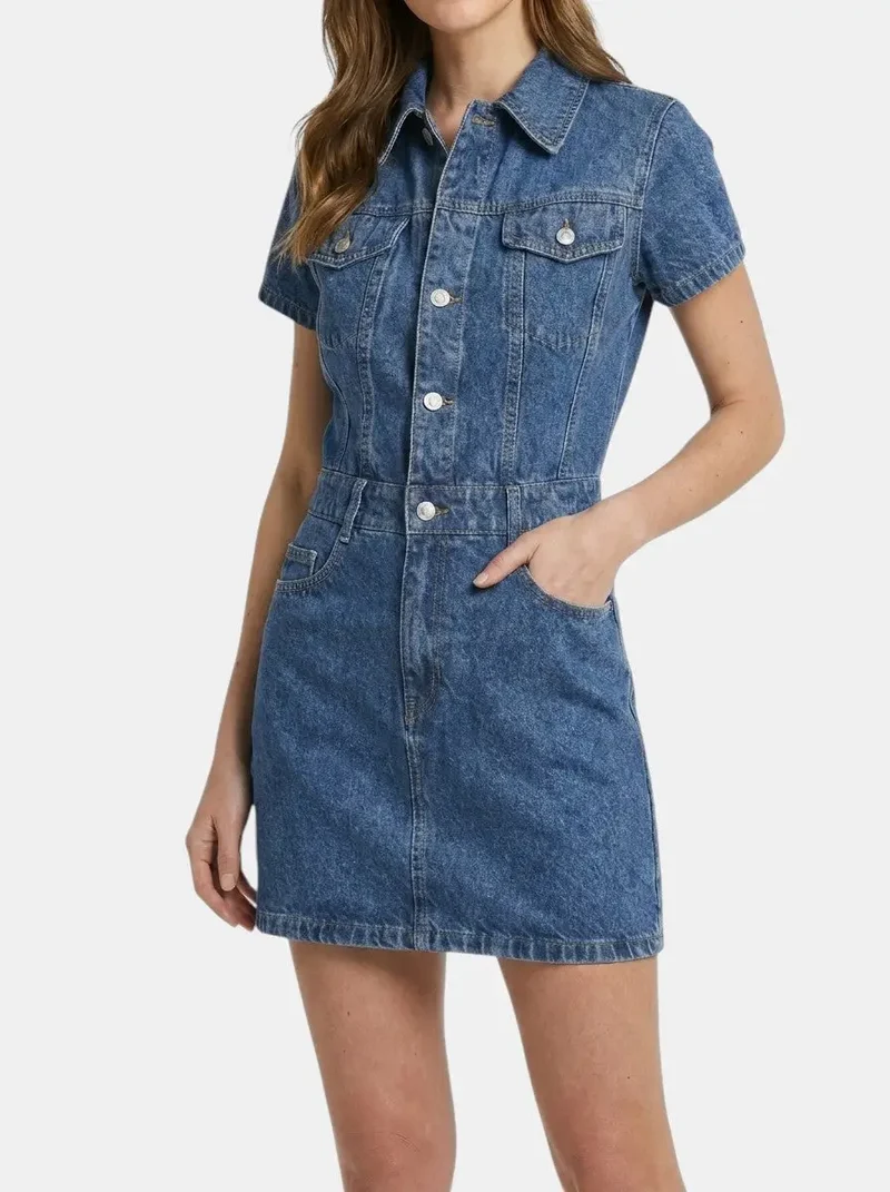 Women's Cotton Blend Denim Mini Dress | Stylish Short Sleeve Summer Dress