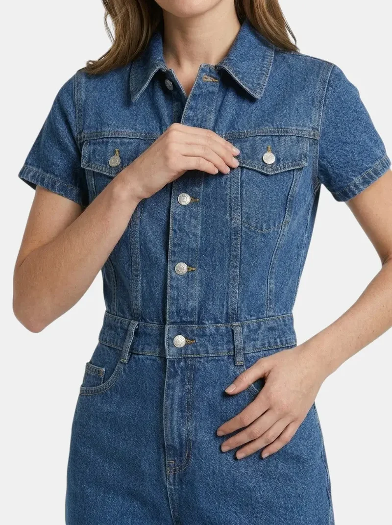 Women's Cotton Blend Denim Mini Dress | Stylish Short Sleeve Summer Dress