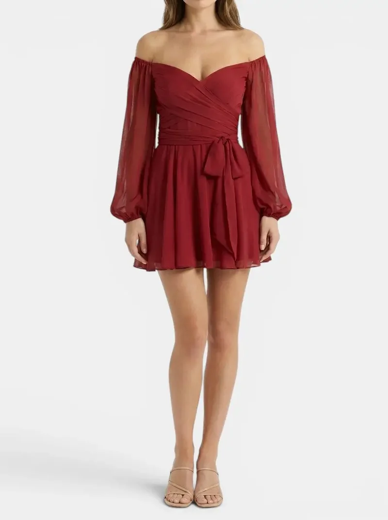 Women's Breathable Fabric Mini Dress | Elegant Wrap Summer Dress with Pleated Skirt