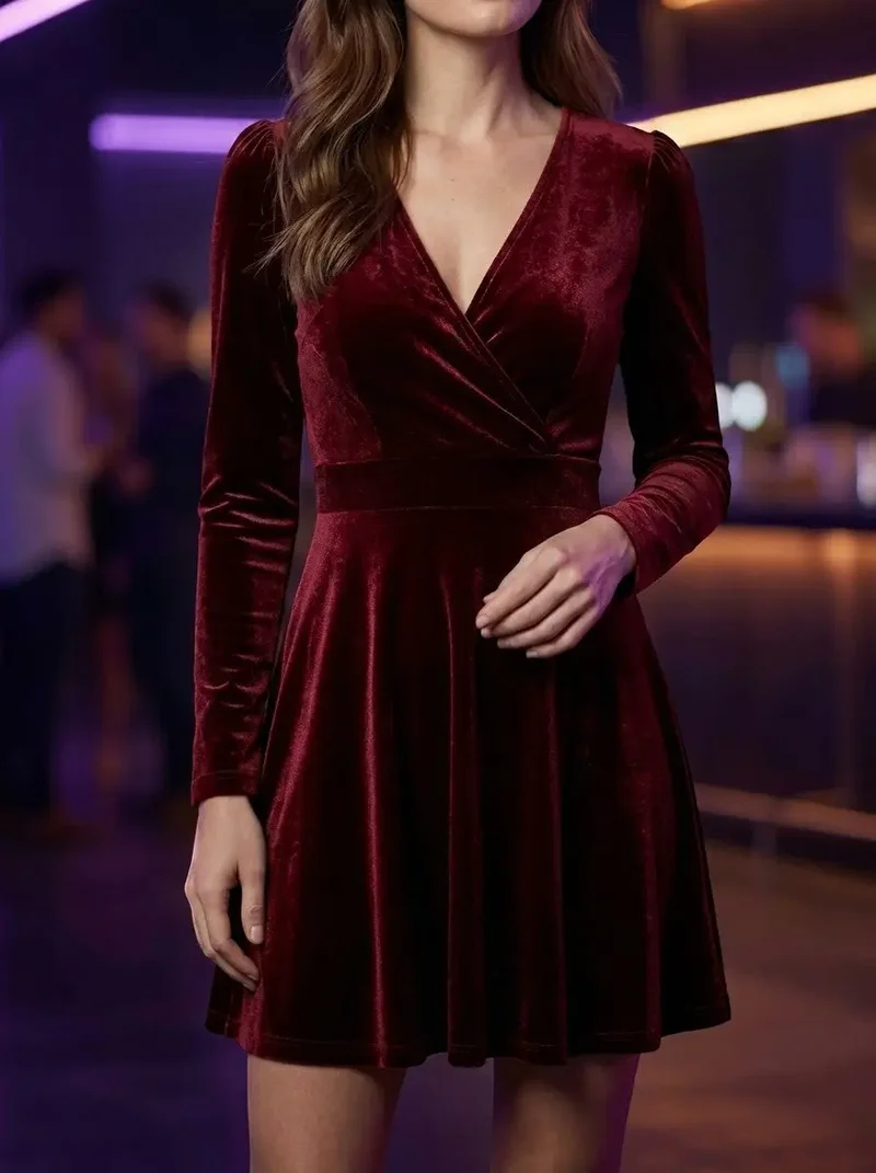 Women's Luxurious Velvet Flare Dress | Elegant Red Evening Gown for Formal Occasions