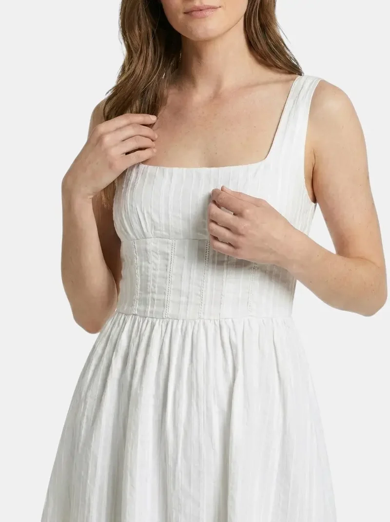 Women's Organic Cotton White Mini Summer Dress | Elegant Square Neck Design with Ruffles