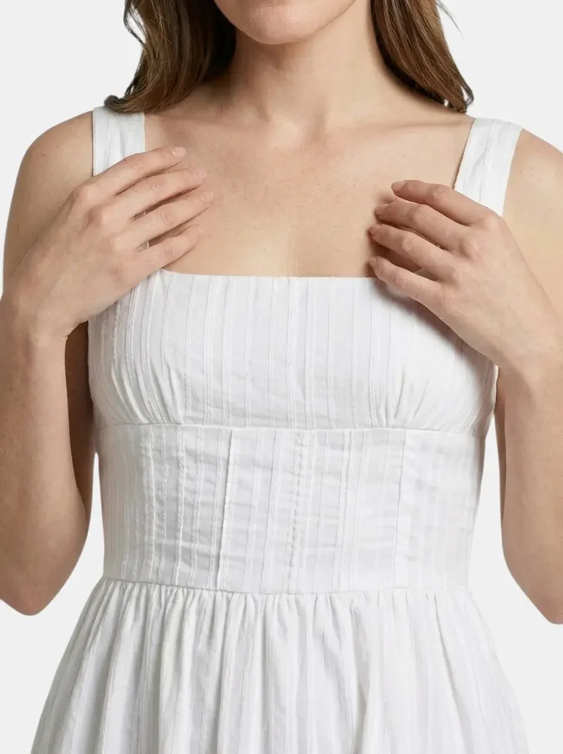 Women's Organic Cotton White Mini Summer Dress | Elegant Square Neck Design with Ruffles