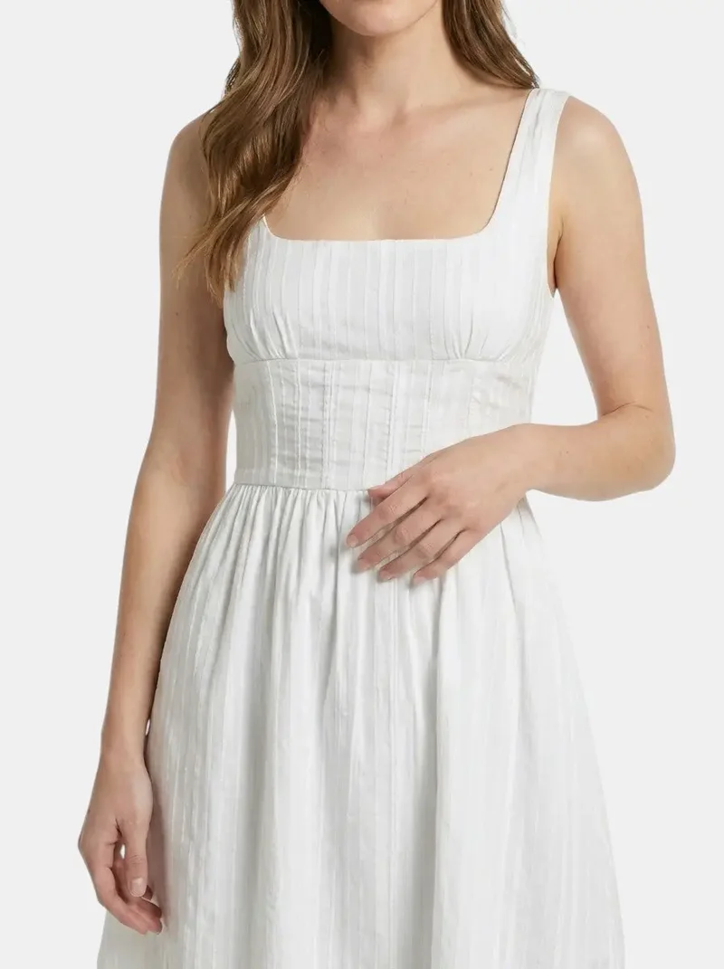 Women's Organic Cotton White Mini Summer Dress | Elegant Square Neck Design with Ruffles