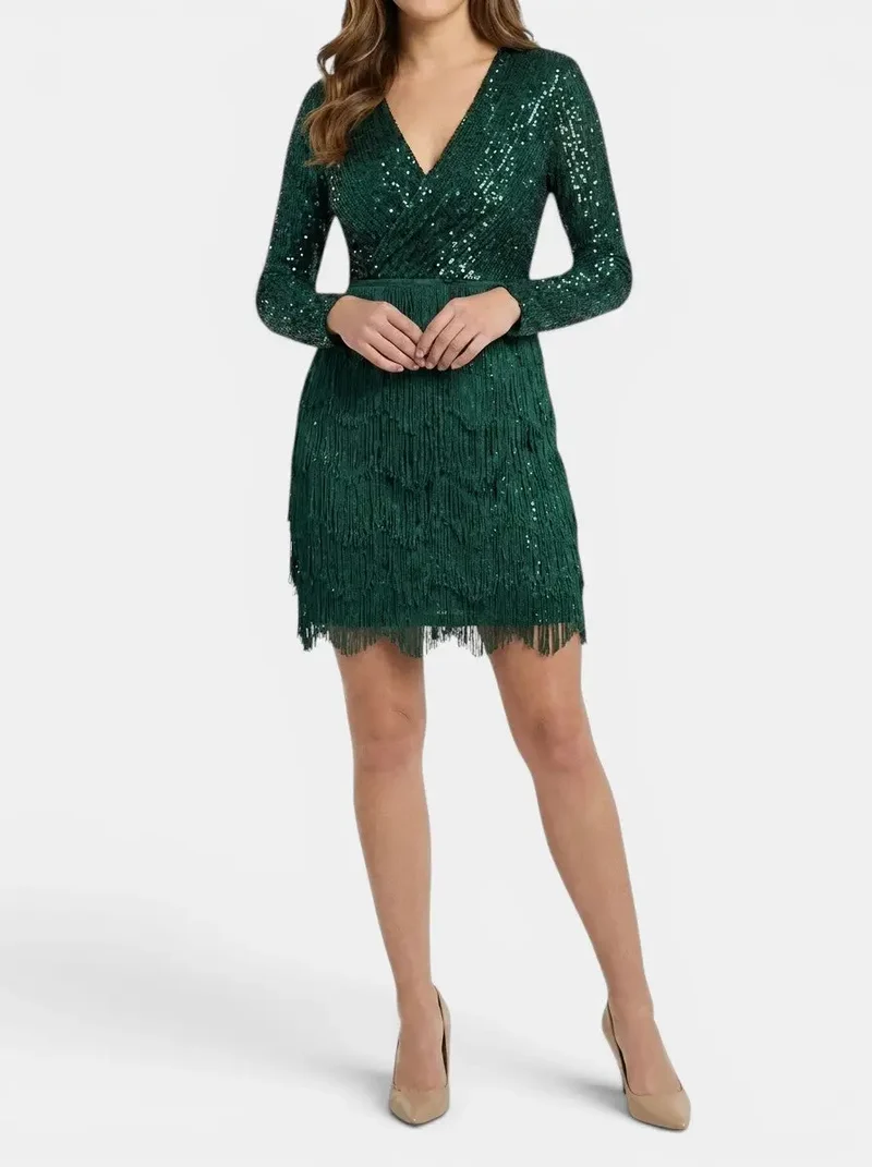Women's Sequin Mini Dress | Elegant Fitted Cocktail Outfit with Fringes