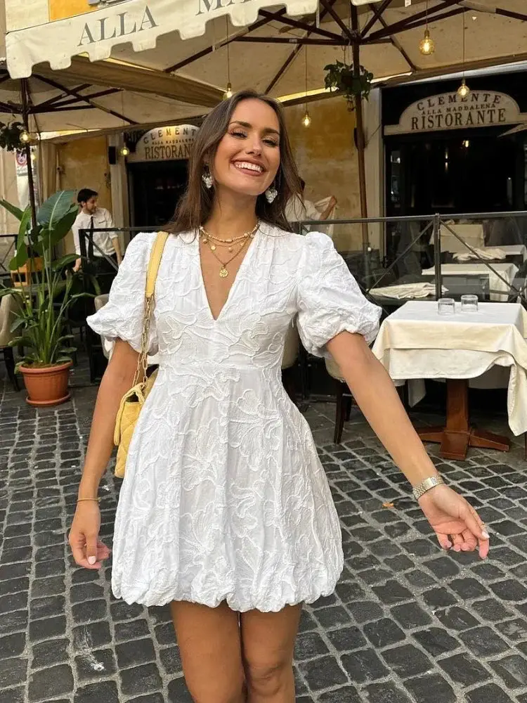 Women's Airy Fabric Summer Dress | Elegant White Dress with Embroidered Ruffles