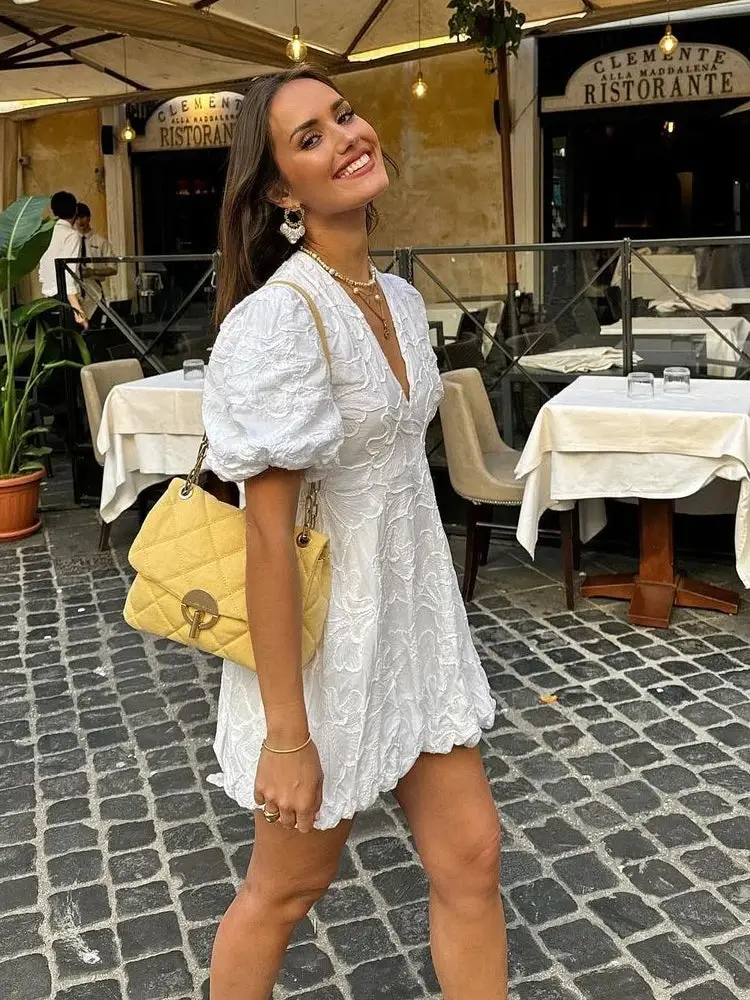 Women's Airy Fabric Summer Dress | Elegant White Dress with Embroidered Ruffles