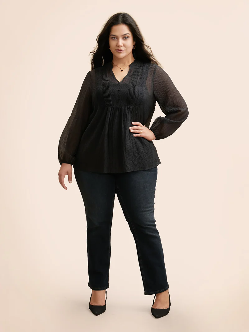 Textured Lace Panel Pleated Blouse