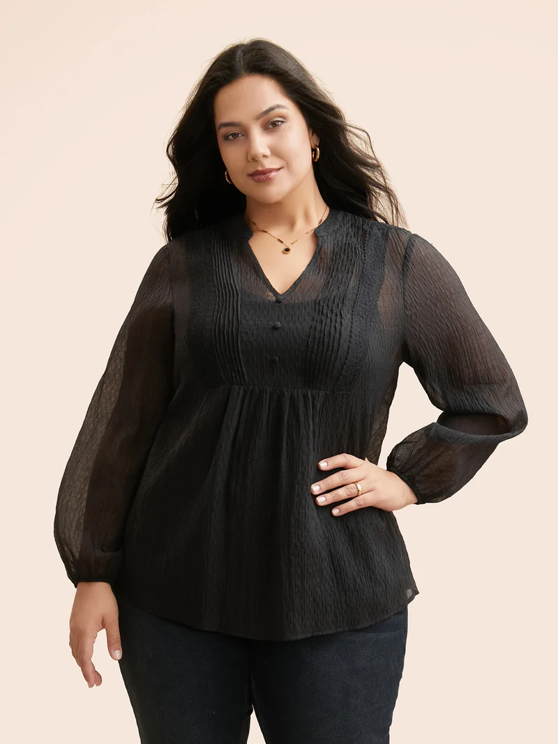 Textured Lace Panel Pleated Blouse