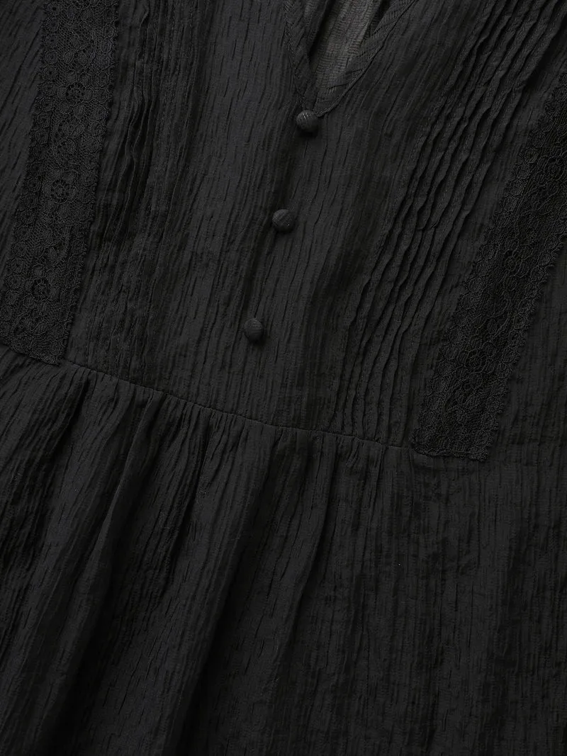 Textured Lace Panel Pleated Blouse