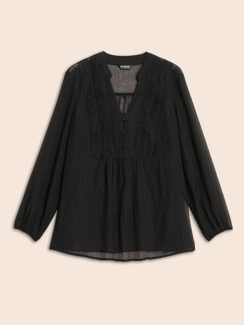 Textured Lace Panel Pleated Blouse