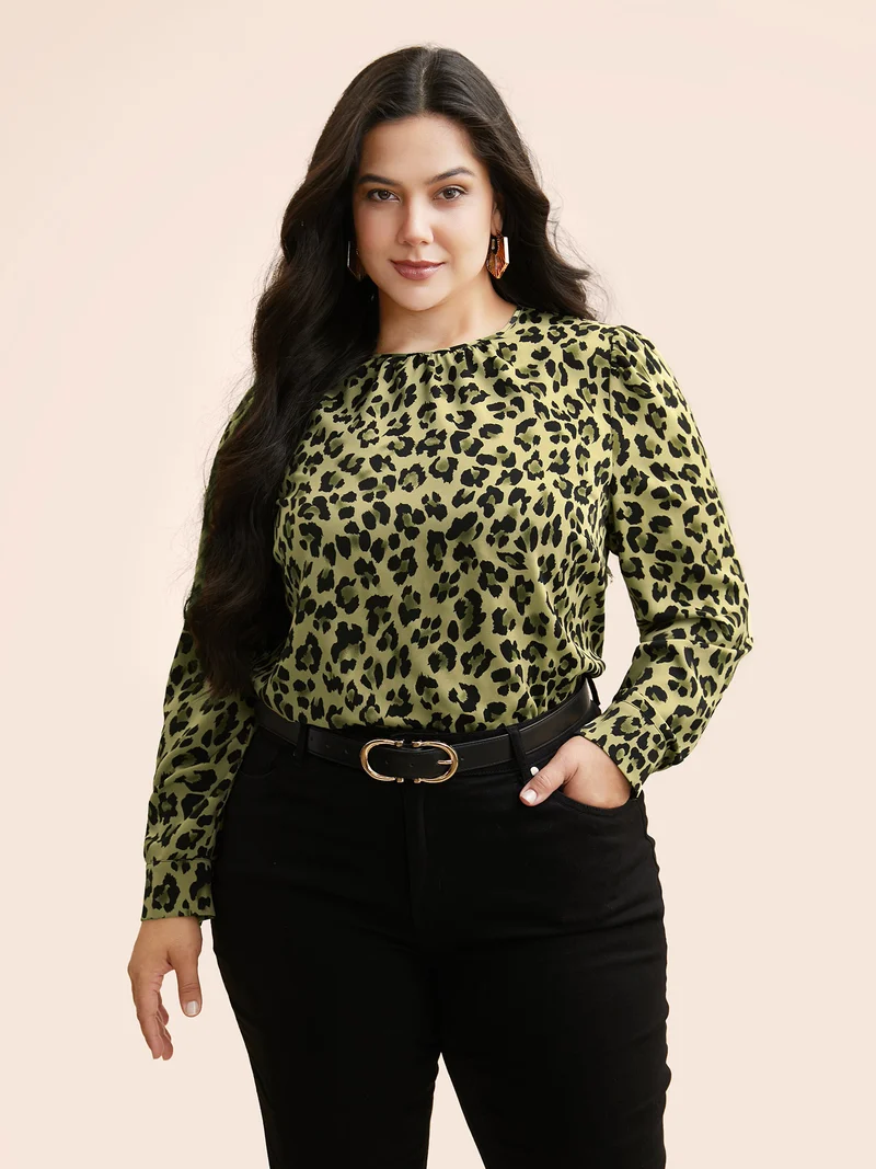 Leopard Print Mock Neck Gathered Blouse