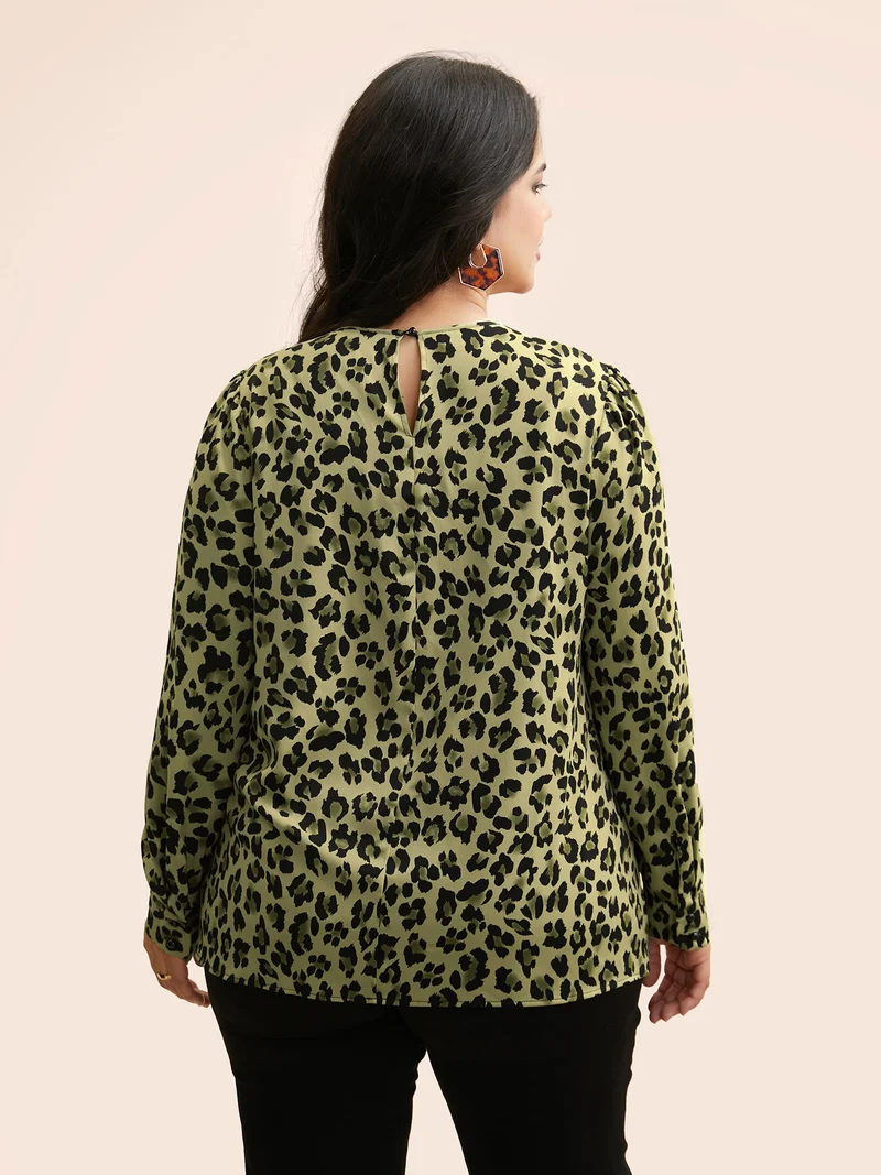 Leopard Print Mock Neck Gathered Blouse