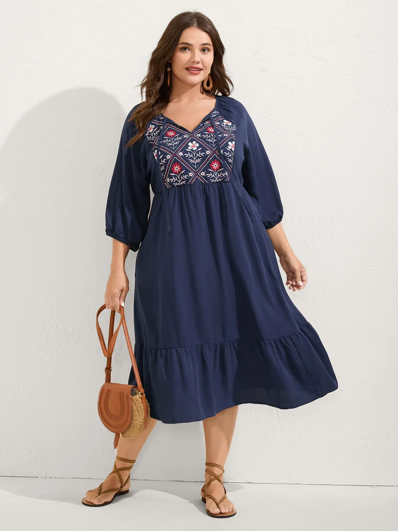 Floral Embroidery Pockets Midi Dress