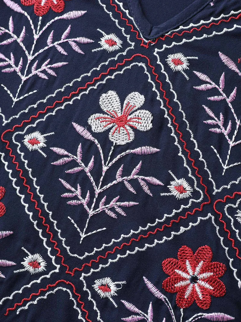 Floral Embroidery Pockets Midi Dress