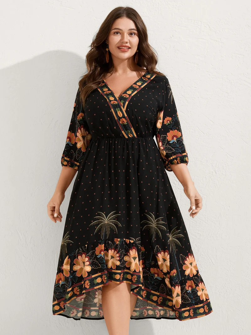 Surplice Neck Floral High Low Hem Midi Dress