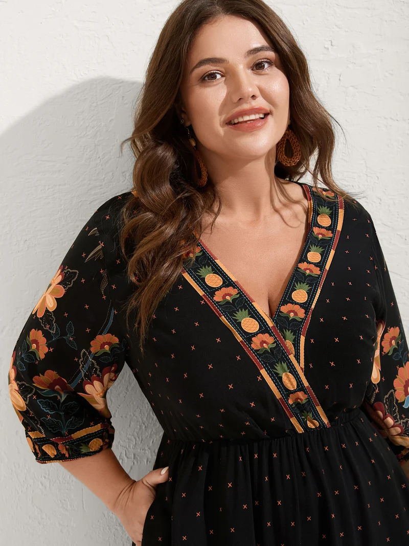 Surplice Neck Floral High Low Hem Midi Dress