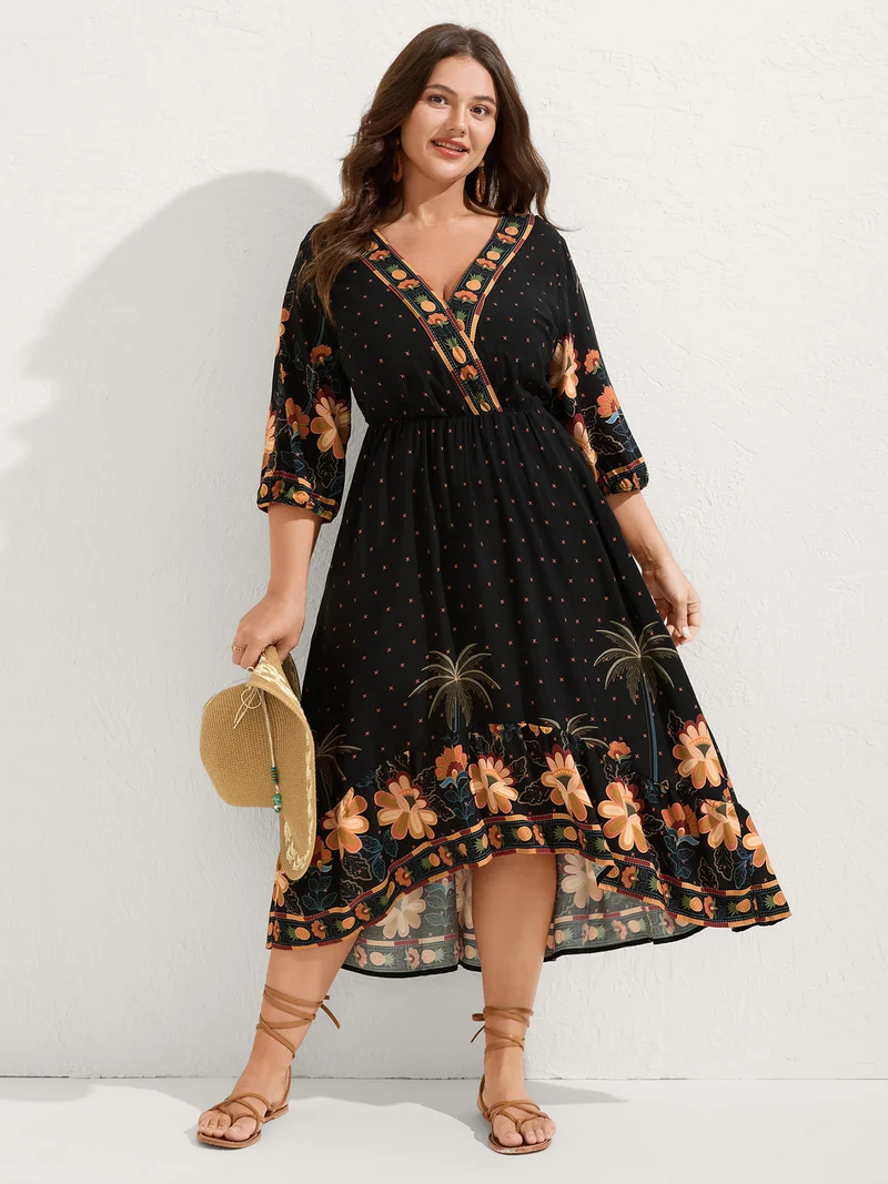 Surplice Neck Floral High Low Hem Midi Dress