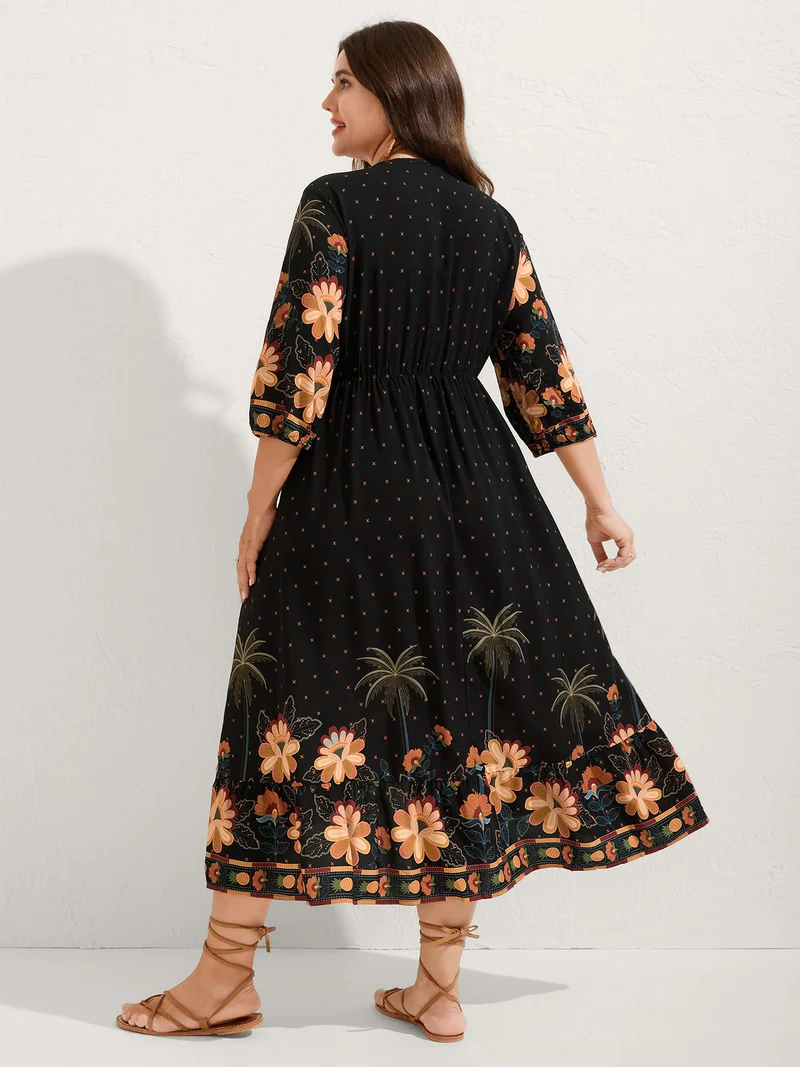 Surplice Neck Floral High Low Hem Midi Dress