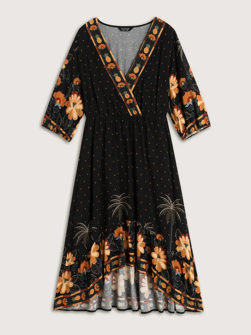 Surplice Neck Floral High Low Hem Midi Dress