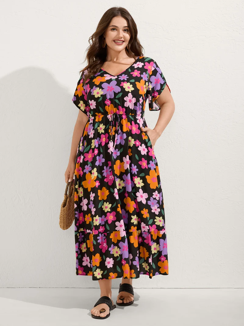 Colorful Floral Print Waist-Tie Midi Dress