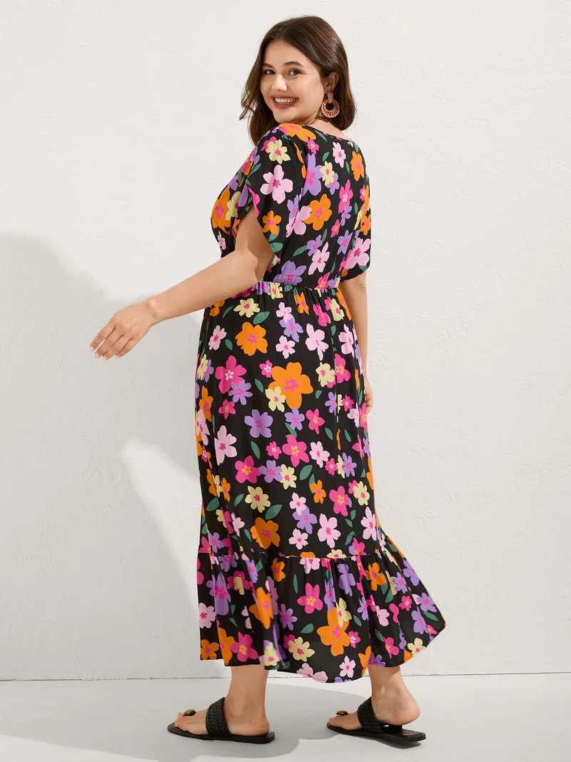 Colorful Floral Print Waist-Tie Midi Dress