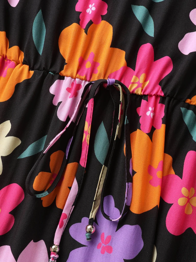 Colorful Floral Print Waist-Tie Midi Dress