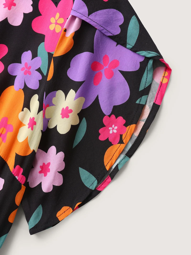 Colorful Floral Print Waist-Tie Midi Dress
