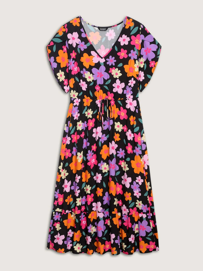 Colorful Floral Print Waist-Tie Midi Dress
