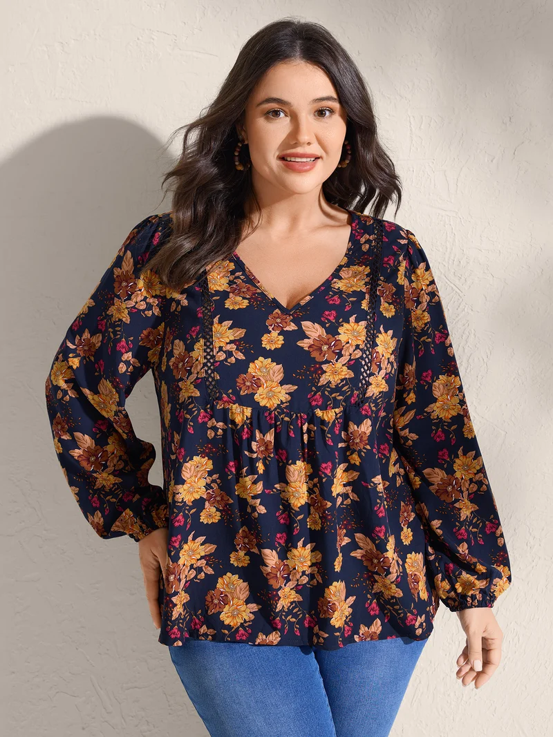 Fall Florals Lace Trim Flowy Blouse