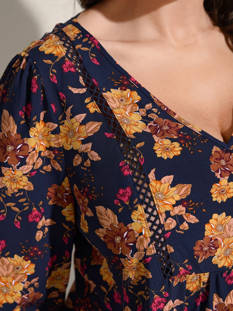Fall Florals Lace Trim Flowy Blouse
