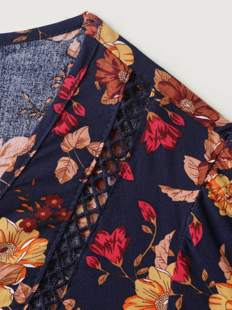 Fall Florals Lace Trim Flowy Blouse
