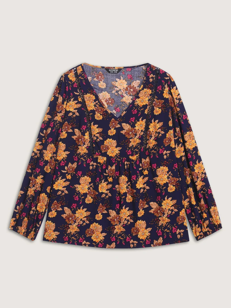 Fall Florals Lace Trim Flowy Blouse