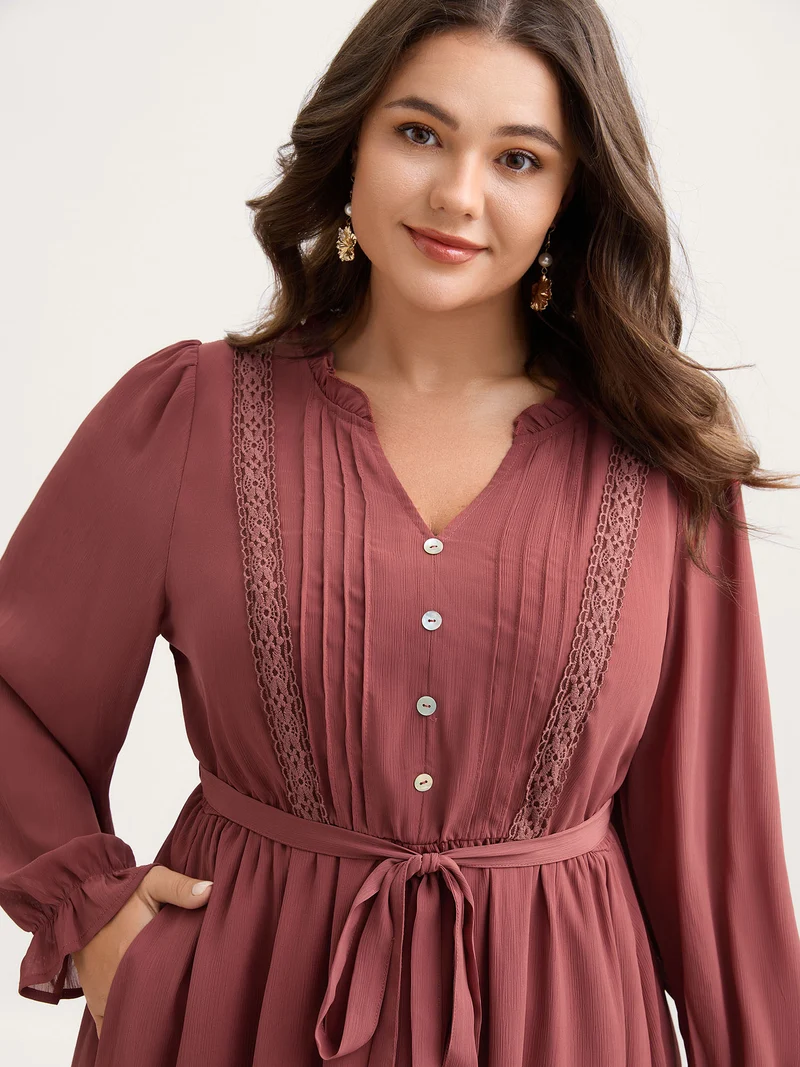 Pintuck Pleats Lace Trim Waist-Tie Maxi Dress