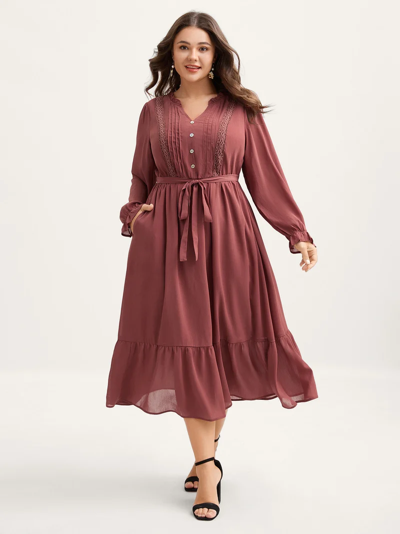 Pintuck Pleats Lace Trim Waist-Tie Maxi Dress