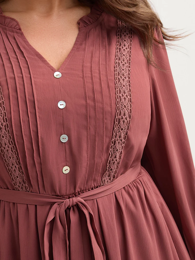 Pintuck Pleats Lace Trim Waist-Tie Maxi Dress