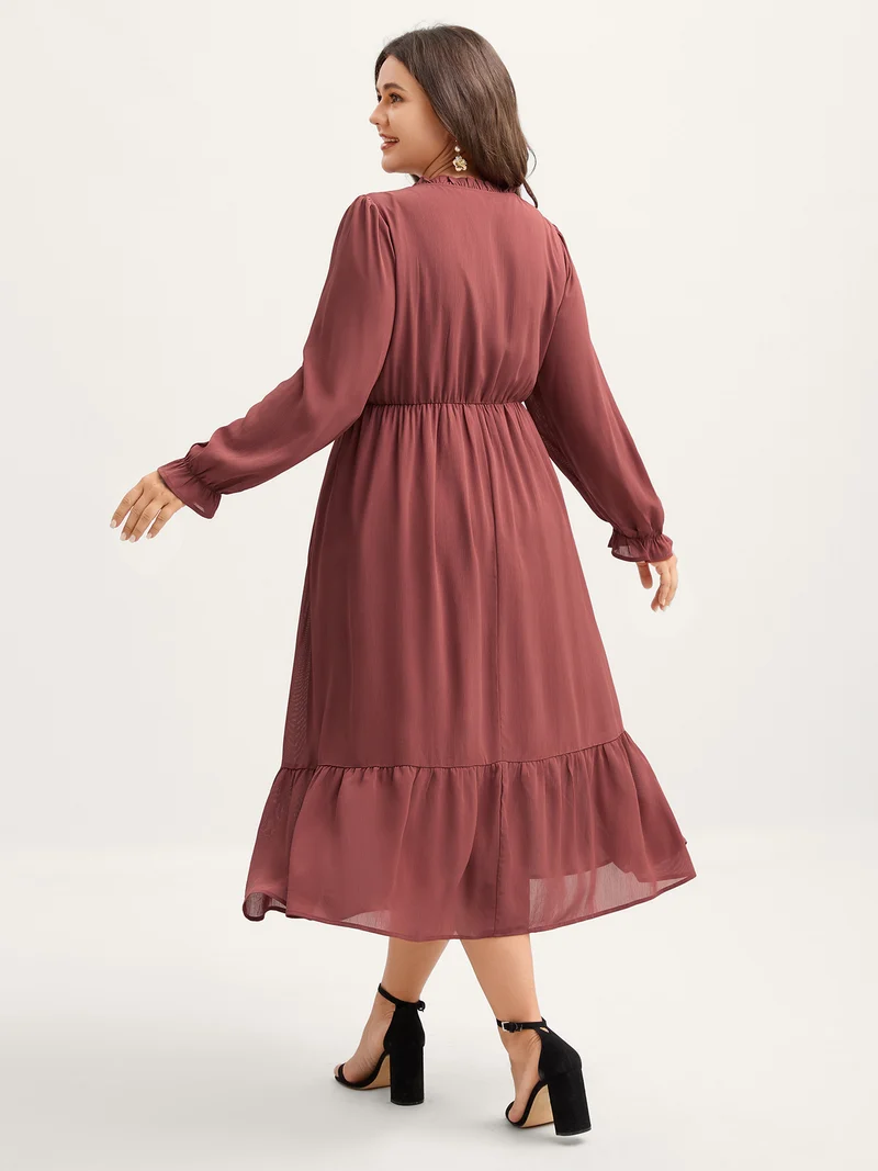 Pintuck Pleats Lace Trim Waist-Tie Maxi Dress