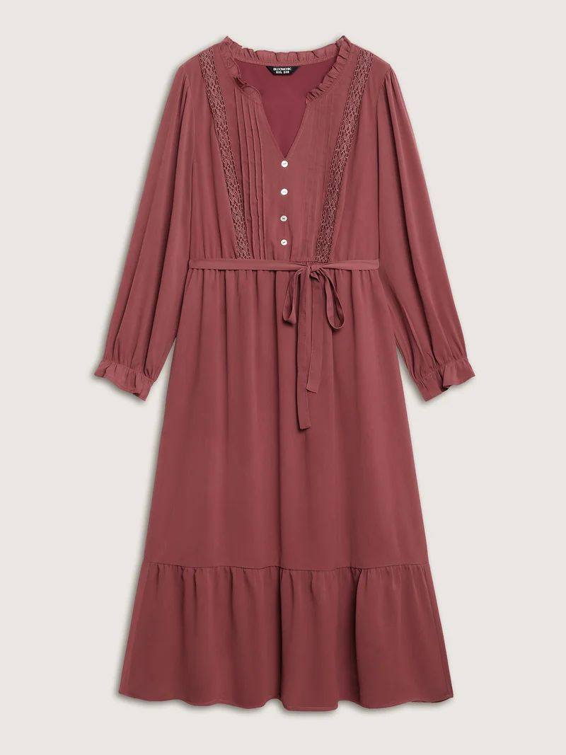 Pintuck Pleats Lace Trim Waist-Tie Maxi Dress