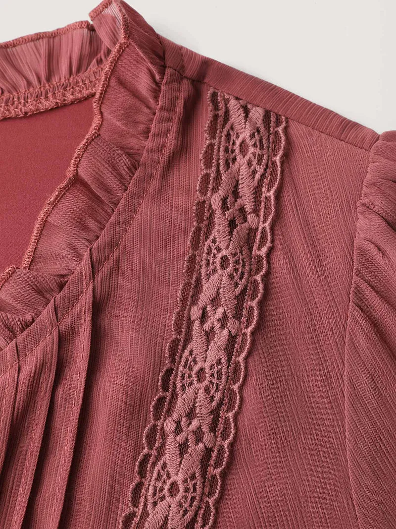 Pintuck Pleats Lace Trim Waist-Tie Maxi Dress